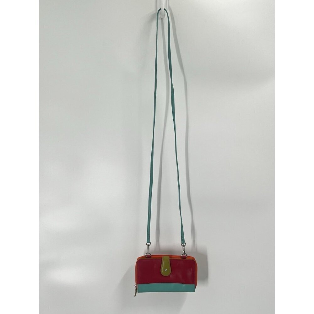 RFID Colorblock Crossbody Mini Bag Leather Travel Red Orange Blue - Picture 3 of 8